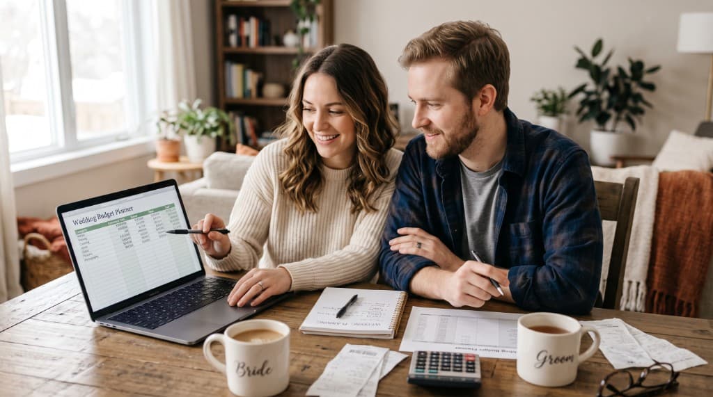 Couple organisant leur budget mariage ensemble devant un ordinateur, avec carnet de planning et calculatrice